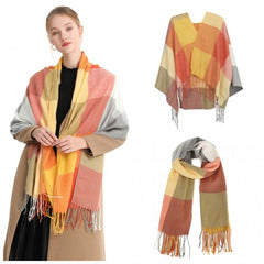 S6433 - Acrylic Fashion Women's Long Shawl Grid Tassel Winter Warm Oversized Scarf - Orange