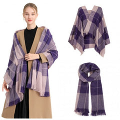 S6433 - Acrylic Fashion Women's Long Shawl Grid Tassel Winter Warm Oversized Scarf - Purple