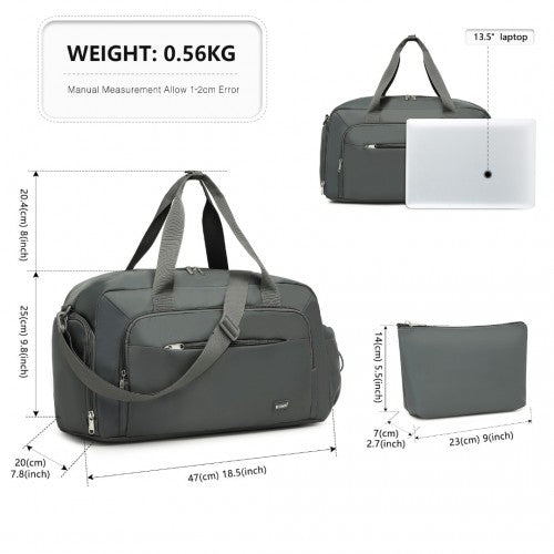 TVK2429 - Kono Versatile Multi-Compartment Travel Weekend Bag Two-Piece Set with Shoe Compartment and Cosmetic Pouch - Grey