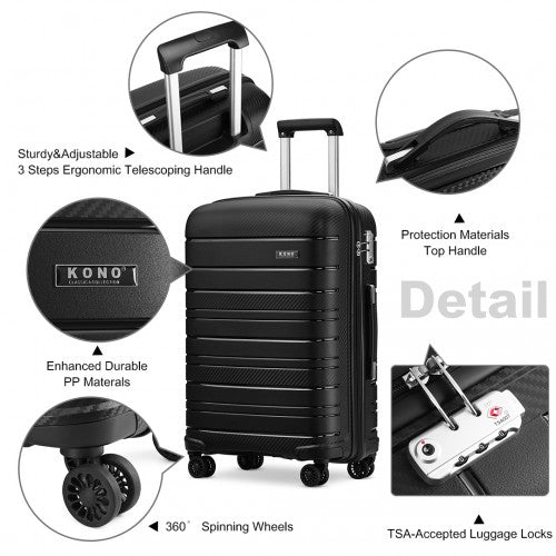 K2091L - Kono 20 Inch Multi Texture Hard Shell PP Suitcase - Classic Collection - Black