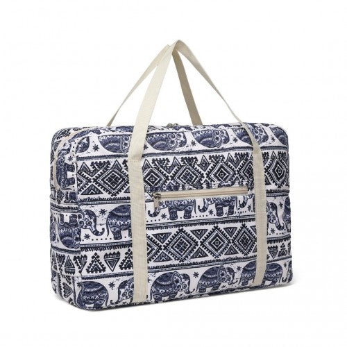 EQ2308E - Kono Foldable Waterproof Storage Cabin Travel Handbag Elephant Print - Navy And Beige