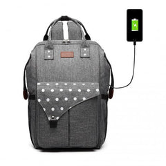 E1945 - KONO POLKA DOT MATERNITY BACKPACK BAG WITH USB CONNECTIVITY - GREY